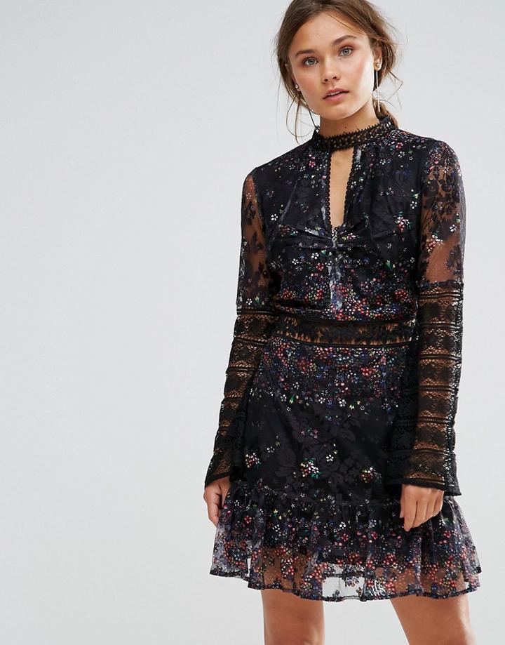 Liquorish Floral Ditsy Print Lace Dress - Black