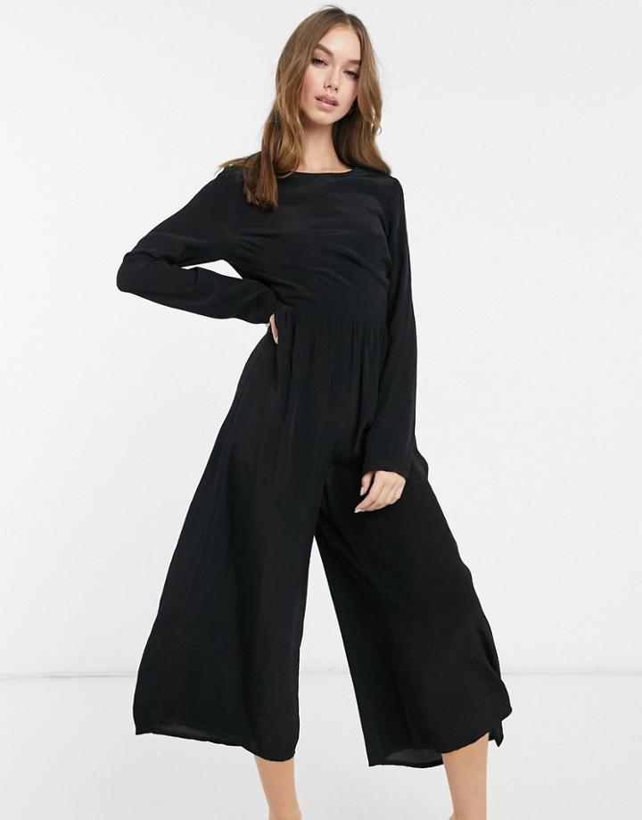 Asos Design Long Sleeve Button Back Tea Jumpsuit In Black
