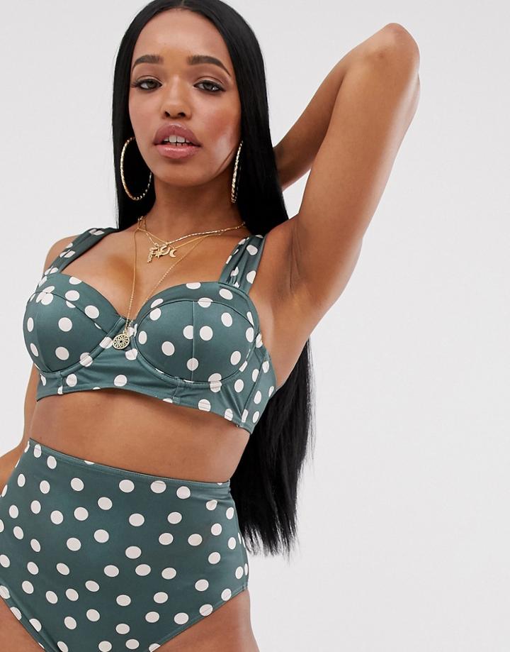 Asos Design Fuller Bust Longline Underwire Bikini Top In Khaki Polka Dot Dd-g-multi