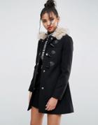 Asos Duffle Coat With Faux Fur Hood - Black