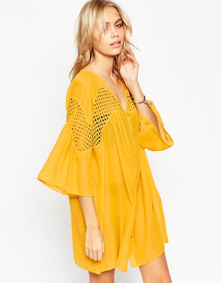 Asos V Neck Corded Lace Button Front Smock Dress - Mustard