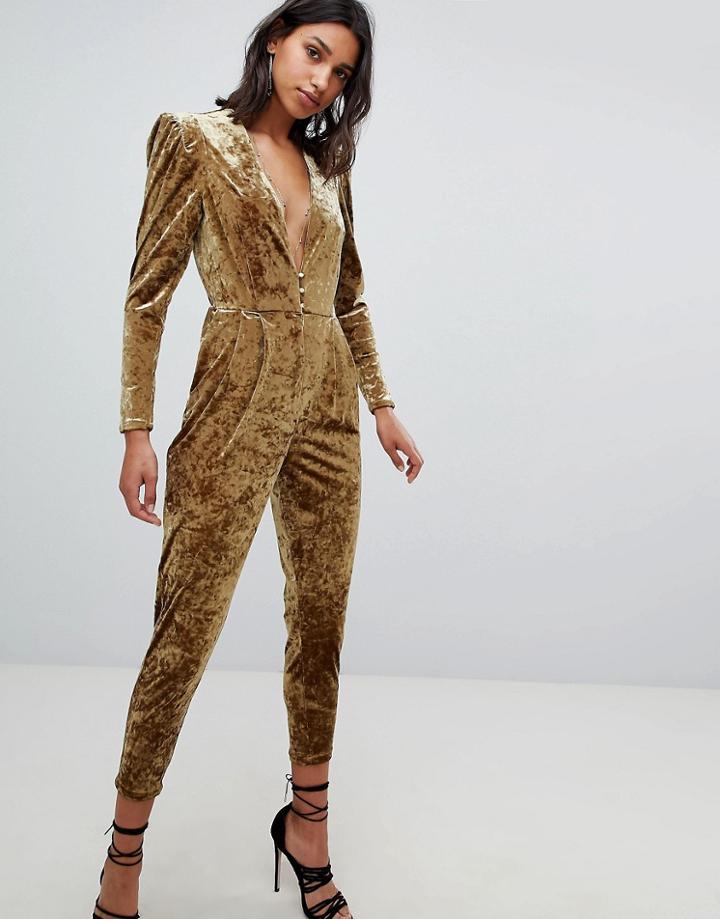 Sabina Musayev Crushed Velvet Jumpsuit - Gold