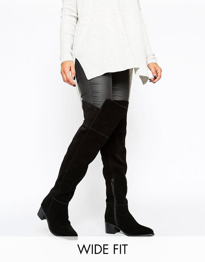 Asos Kaleb Wide Fit Suede Pointed Over The Knee Boots - Black