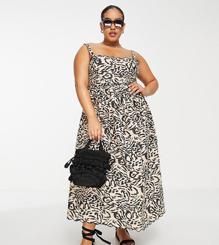 Asos Design Curve Scallop Edge Cut Out Back Midi Sundress In Animal-multi
