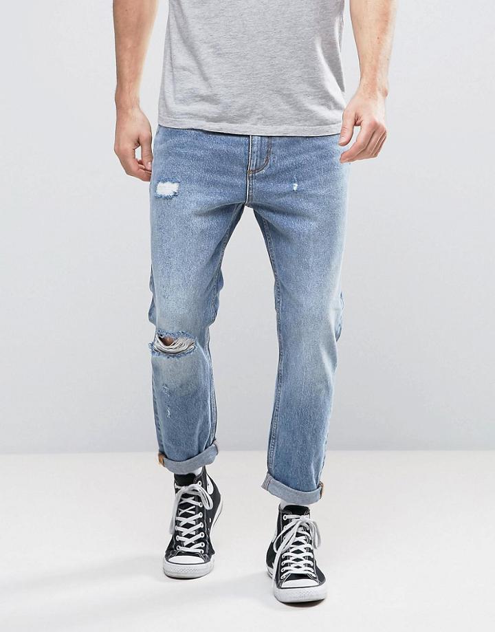 Rollas Stubs Cropped Jeans Stoned Ripped - Blue