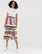 Asos Design Multi Colored Stripe Pleated Midi Skirt With Self Belt