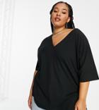 Asos Design Curve Oversized Top With V Neck In Rib In Black