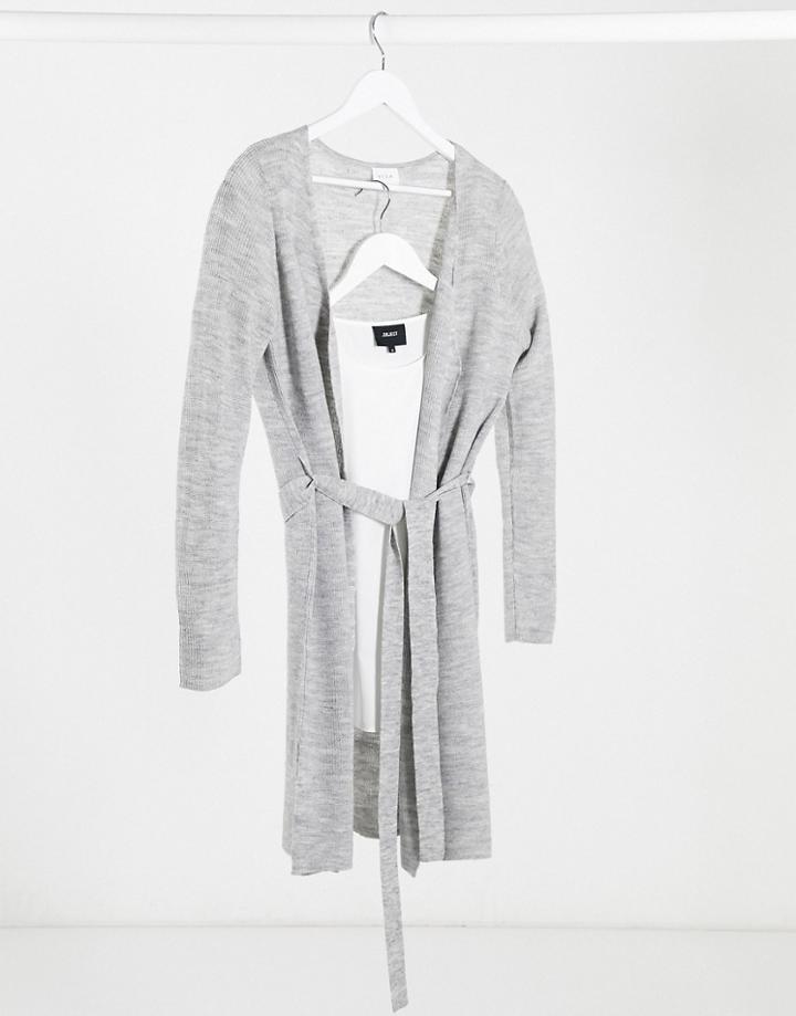 Vila Cardigan With Waist Tie In Gray-grey