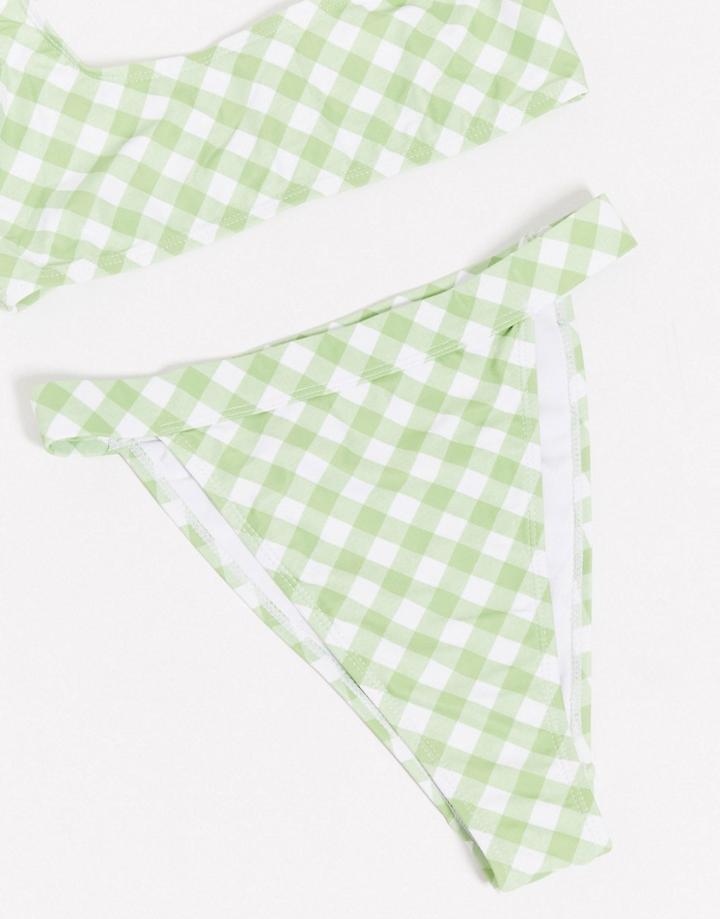 Missguided High Waist High Leg Bikini Bottom In Sage Gingham Check-green