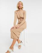 Asos Design Knitted Dress With Ruched Side And Cut Out Detail In Tan-brown
