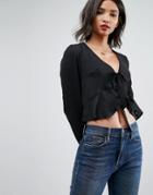 Asos Ruffle Top With Tie Front - Black