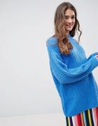 Asos Design Chunky Sweater In Rib With Crew Neck - Blue