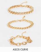 Asos Design Curve 3-pack Bracelets Mixed Vintage Style Chains In Gold Tone