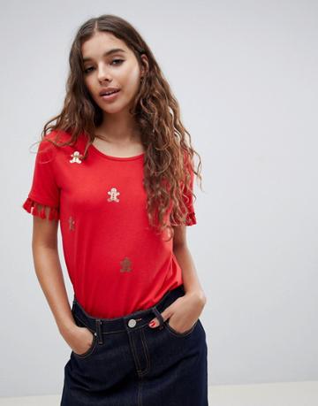 Sugar Dust Christmas Gingerbread Man T-shirt With Sleeve Tassels - Red