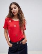 Sugar Dust Christmas Gingerbread Man T-shirt With Sleeve Tassels - Red
