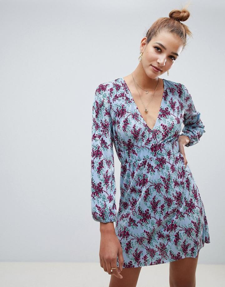 Asos Design Mini Plisse Tea Dress With Deep Waistband In Floral Print - Multi