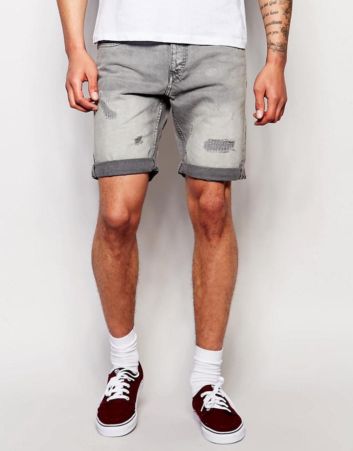 Jack & Jones Straight Fit Rip And Repair Denim Shorts - Washed Gray