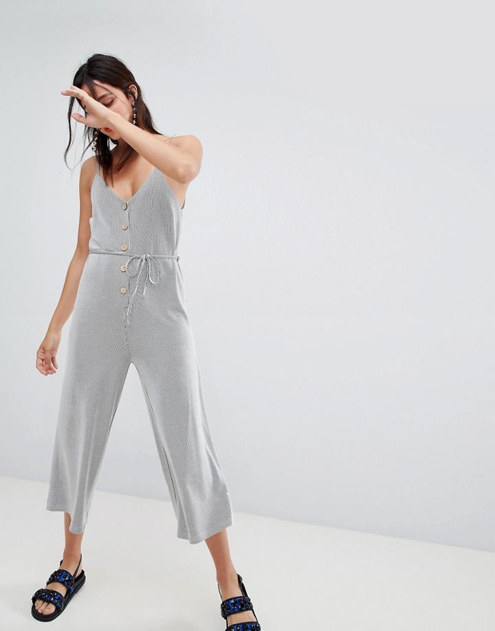 Stradivarius Striped Button Front Jumpsuit - Navy