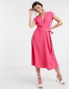 Asos Design Sleeveless Pleat Front Midi Skater Dress With Obi Belt In Hot Pink