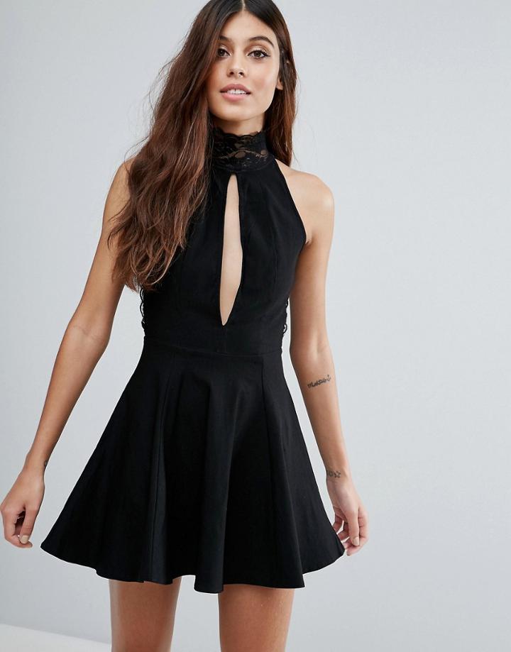 Rare Lace High Neck Skater Dress - Black
