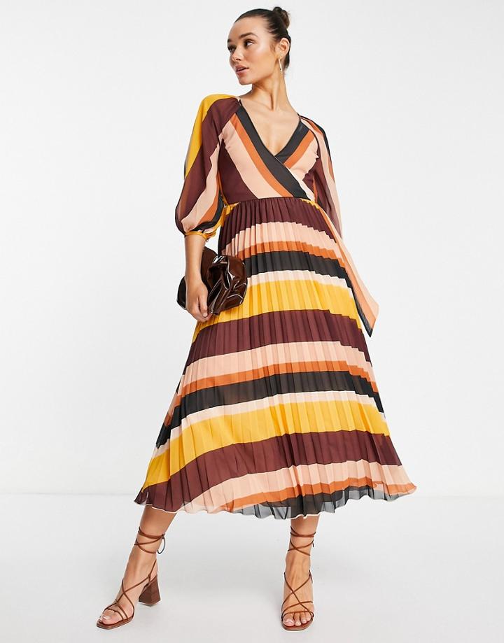 Asos Design Pleated Wrap Midi Dress In Multi Stripe