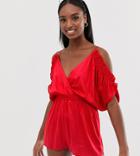 Asos Design Tall Beach Romper With Cold Shoulder & Flutter Sleeve - Red