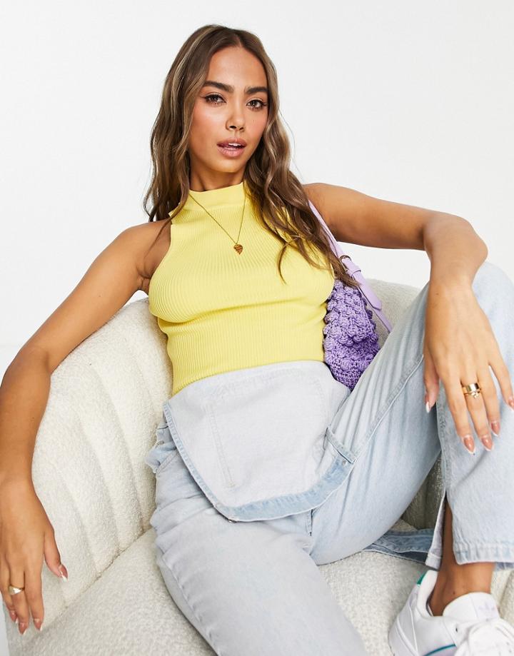 Asos Design Knitted Racer Tank Top With Rib Hem Detail In Yellow