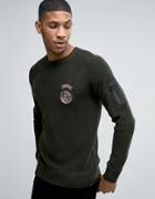 Jack & Jones Ribber Sweater With Military Patches - Green
