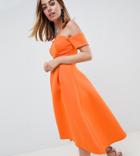 Asos Design Petite Bardot Pleated Waist Scuba Midi Prom Dress - Orange