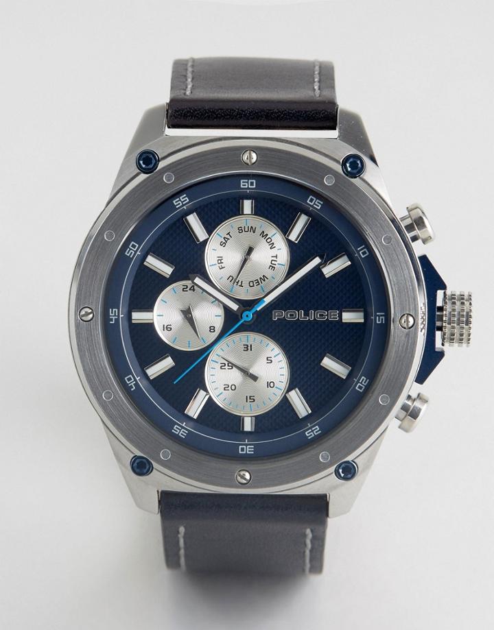 Police Contact Watch Blue Leather Strap With Multi Functional Dial - Black