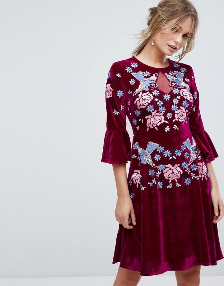 Frock And Frill Allover Premium Embellished Velvet Skater Dress With Peplum Hem - Red