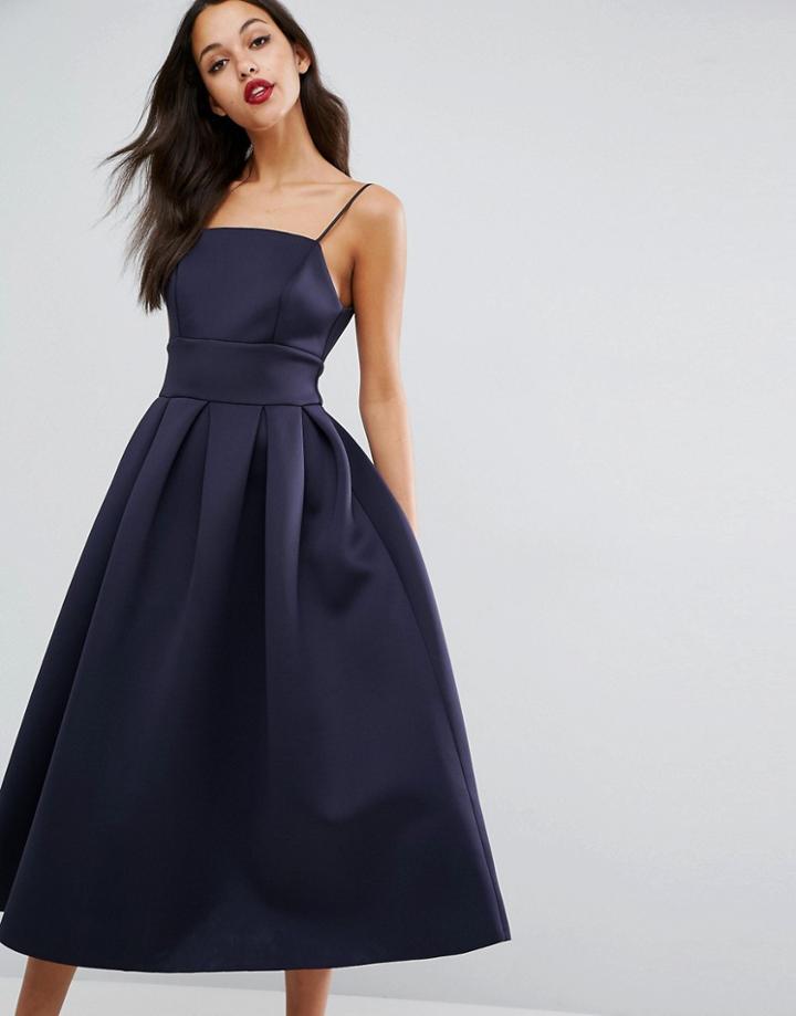 Asos Strappy Pinny Scuba Prom Midi Dress - Navy