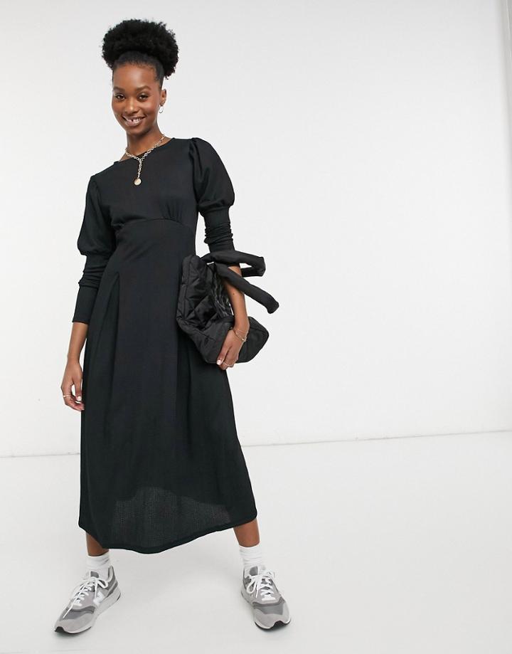 River Island Puff Sleeved Slit Midi Dress In Black