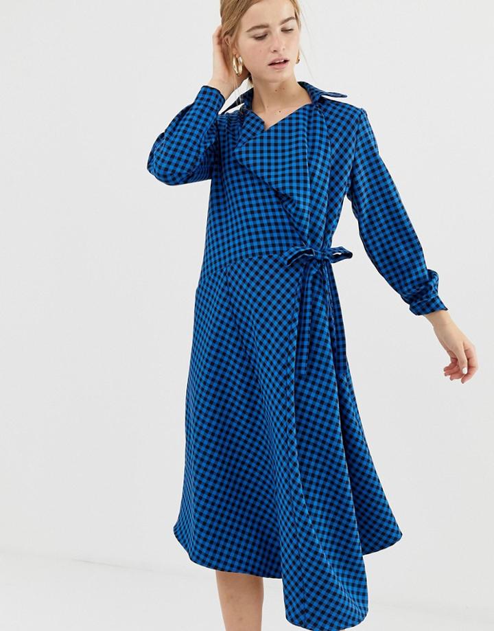 Asos White Midi Wrap Dress In Check Print - Multi