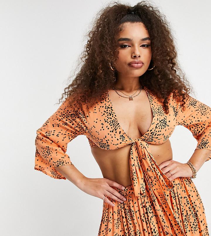 Asos Design Curve Crinkle Beach Crop Top With Ruffle Sleeves In Orange Spot - Part Of A Set-multi