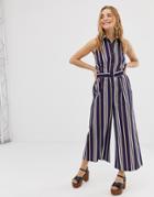 Asos Design Button Front Collar Culotte Jumpsuit In Stripe - Multi