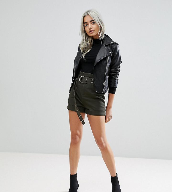Asos Petite High Waisted Peg Shorts In Khaki With Extra Long Belt - Green