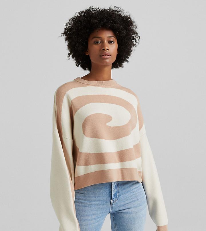 Bershka Retro Swirl Detail Sweater In Beige-neutral