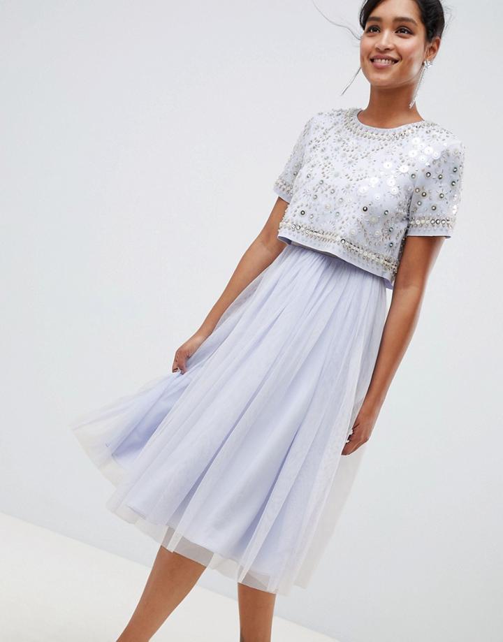 Asos Design Embellished Crop Top Tulle Midi Dress - Purple