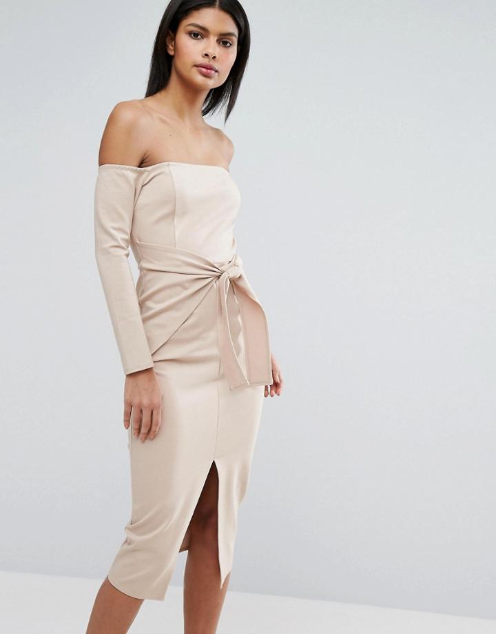 Lavish Alice Bardot Tie Front Midi Dress - Beige