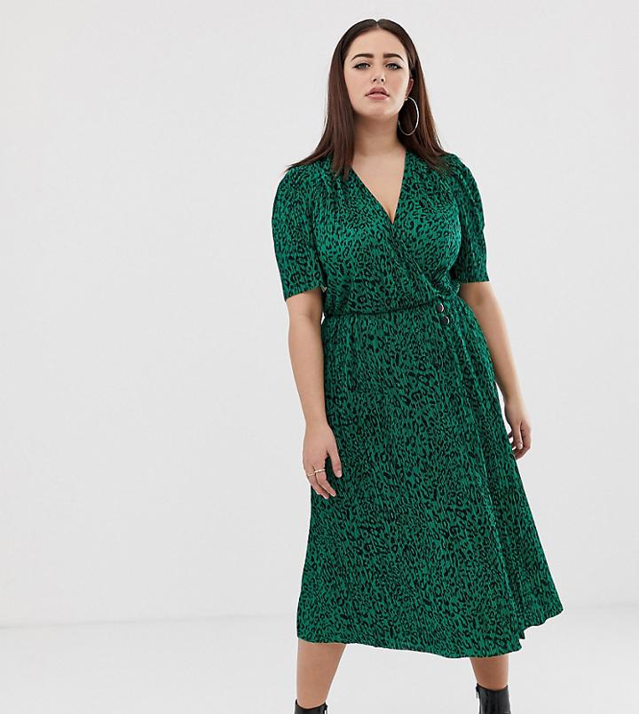 Asos Design Curve Midi Plisse Dress In Green Animal Print With Button Detail - Multi