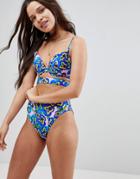 Asos Mix And Match Strappy Plunge Bikini Top In Pansy Print - Multi