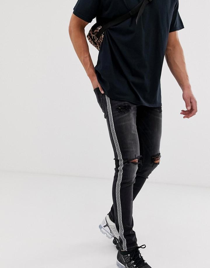 Jack & Jones Skinny Jeans With Checkerboard Side Stripe - Black