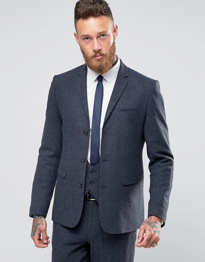 Asos Slim Suit Jacket In Navy Herringbone - Navy