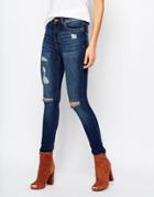 Mango Distressed Busted Knee Skinny Jeans - Med Blue Denim