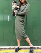 Asos Design Super Soft Zip Front Polo Shirt Midi Sweater Dress In Khaki-green