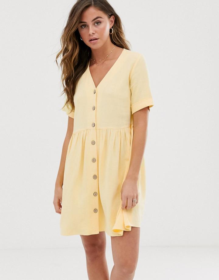 New Look Button Through Smock Dress In Lemon-yellow