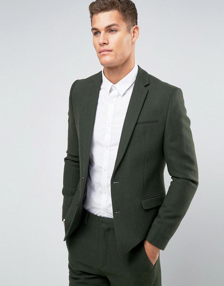 Asos Slim Suit Jacket In Khaki In 100% Wool - Green