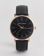 Asos Design Leather Watch In Black With Rose Gold Case - Black
