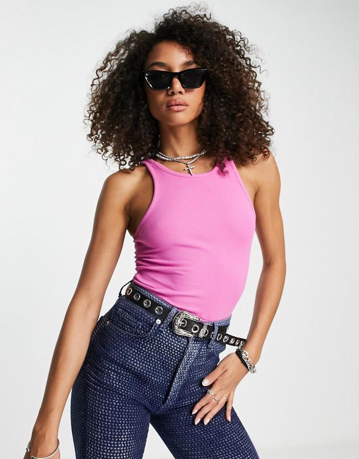 Only Micro Rib Tank Top In Bright Pink